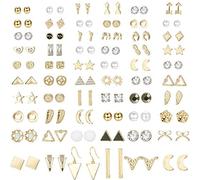 LOLIAS 60 Paires Acier Inoxydable Boucles D'oreilles pour Femmes Hommes éToile Lune Géométrique Feuille Flèche Arc Cz Fausse Perle Boucles D'oreilles Ensemble Ton Argent/Doré