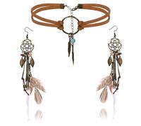LOLIAS Boucles D'oreilles Attrape-Rêves Boho Ensemble Colliers Cuir pour Femmes Boucles D'oreilles Rétro Faites à Main Boucles D'oreilles Pendantes Plumes Bobo Cadeau pour Elle