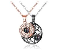 LOLIAS Collier Couple en Acier Inoxydable Soleil et Lune Magnétique 100 Langues Je t'aime Projection BFF Bracelet Collier D'amitié pour Lui et Elle Promise Necklace