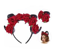 LOLIPPYY Bandeau Cornes de Diable Rouge avec Roses Éternelles Accessoire de Déguisement Halloween Élégant pour Femme et Fille