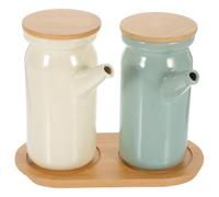 LOLIPPYY Ensemble 2 Pièces Pots à Vinaigre en Céramique Blanc Cassé et Vert Clair avec Socle, Distributeurs pour Huile et Sauce Soja, Récipient Ménager pour Condiments la Cuisine, Pot