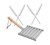 LOLIPPYY Gril à Saucisses En Acier Inoxydable Détachable Avec Rouleaux, Poignée En Bois, Support Portable Pour Barbecue De Camping, Cuisson Uniforme, 5 Pièces (1 Grille 4 Piques