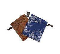 LOLIPPYY Lot de 2 Pochettes de Rangement en Satin Brocart Double Couche 10x12 Cm Bleu Prune et Marron Motif Fleurs et Vagues, Paquet à Cordon pour Emballage Présent, Bijoux et Fêtes