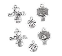 LOLIPPYY Lot de 6 Breloques de Basket-Ball en Alliage Argenté Pendentifs Sportives pour Collier Comprenant Ballon Panier et « I Love Basket » Accessoires pour Bijoux et Présents Fans