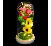 LOLIPPYY Ornement Lumineux Décoratif 1 Pièce avec Fleur Artificielle Tournesol sous Cloche en Verre Base Bois Naturel Veilleuse LED pour Décoration Intérieure Romantique et Bureau