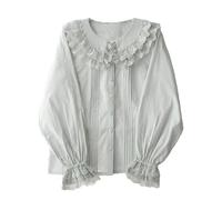 Lolita Chemisiers à manches longues pour femme Col Claudine Chemise victorienne vintage élégante dentelle habillée hauts à volants tendance printemps, bleu, Taille L
