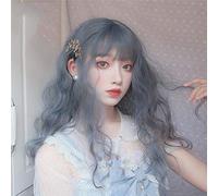 Lolita perruque de vague bleue mignonne avec frange pour les femmes longues perruques de Cosplay de fête de cheveux synthétiques résistantes à la chaleur + casquette de perruque M35