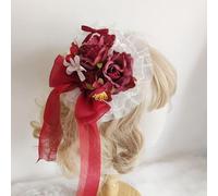 Lolita Robe de chambre douce pour fille Motif fleurs Style français vintage Chapeau haut-de-forme Sweet Princess Cosplay Dentelle Coiffe Pinces à cheveux (rouge)