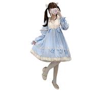 Lolita Robe de princesse japonaise en maille avec perles et nœud à manches longues pour fille, bleu, taille unique grande taille