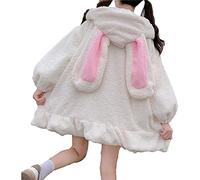 Lolita Robe Style Japonais Automne Hiver Femmes Mignon Veste Chaude Kawaii Doux Laine D'agneau Volants Oreilles De Lapin À Capuche Manteaux Filles Parkas Outwear,Blanc,XL