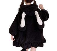 Lolita Robe Style Japonais Automne Hiver Femmes Mignon Veste Chaude Kawaii Doux Laine D'agneau Volants Oreilles De Lapin À Capuche Manteaux Filles Parkas Outwear,Noir,XXL