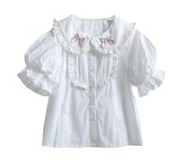 Lolita Sweet Blouses Adolescentes Col de Poupée Manches Bouffantes Boutonné Chemises Style Japonais Chemisier d'été Tops, blanc, S