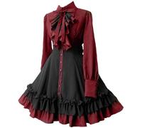 Lolita - Vêtements de princesse gothique pour femme - Robe médiévale pour femme avec nœud - Volants victoriens - Robe de mariée Renaissance - Manches longues - Nœud papillon - Costume de fête pour