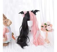 Lolita Wig 60cm de long ondulé noir wavy mixte rose ombre frange mignonne de poils synthétiques résistants à la chaleur + casquette de perruque