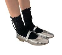 Lolitas Chaussettes d'été pour femme Style ballet Nœuds Équipages étudiantes Bottes à volants à revers, Noir , Taille unique