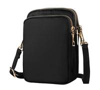 Lollanda Sacs à bandoulière pour téléphone portable en nylon avec bandoulière réglable, mini portefeuille à 3 couches à fermeture éclair pour femme et femme, Noir , 18 x 15 x 3 cm