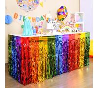 LOLStar Lot de 4 jupes de table à franges métalliques ondulées arc-en-ciel - Décorations de table parfaites pour anniversaire, vacances, mariage, fiançailles, fête prénuptiale, fête de licorne, fête