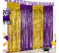 LOLStar Lot de 4 rideaux à franges en feuille d'or et violet 1 x 2 m, décorations de fête de remise de diplôme 2022, rideau de guirlande, accessoire de photomaton de remise de diplôme, toile de fond pour fête du lycée et de l'université