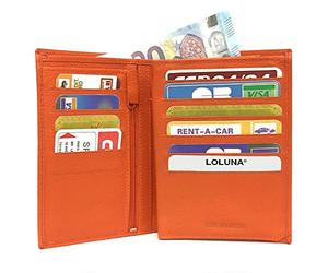 LOLUNA® Grand Portefeuille Classique en Cuir Vachette Souple 4 Volets Pratique pour Placer Carte Grise - permis - identité - Cartes - Billet - Monnaie - Idée Cadeau pour Homme et Femme - Orange