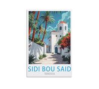 LOLWNNI Poster de voyage vintage Tunisie Sidi Bou Said 50 x 75 cm sur toile pour décoration de salon, chambre à coucher