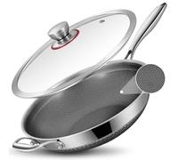 LOLYKITCH Wok anti-adhésif de 33 cm avec couvercle, compatible avec l'induction, revêtement céramique en acier inoxydable à trois couches, parfait pour frire, sauter et mijoter, passe au