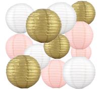 LOLYSIC Lot de 27 Lanternes en Papier Colorées Tailles Assorties, Lampion Papier Boule Chinoise Or Blanc Cassé Rose Pêche pour Décoration Mariage et Fête
