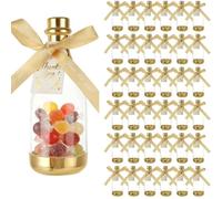 LOLYSIC Lot de 36 mini bouteilles de champagne en forme de bocaux en plastique doré pour bonbonnières, fête de mariage, avec carte et nœud en ruban