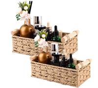 LOLYSIC Panier Rangement Imitation Rotin Tressé Facile à Nettoyer pour Organisation Quotidienne (2 Pièces Taille L et S, Beige, Poignées en Bois)