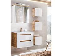 Lomadox Ensemble Complet de Meubles de Salle de Bain avec lavabo en céramique et Cuvette en Bois de chêne et Miroir à LED Blanc Brillant 80 cm