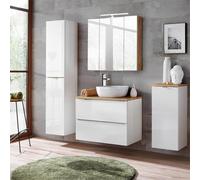 Lomadox Ensemble complet de meubles de salle de bain avec vasque en céramique Blanc brillant et chêne lainé avec miroir LED 3D