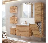 Lomadox Ensemble complet de meubles de salle de bain en chêne, lavabo en céramique avec armoire inférieure et miroir LED, armoire haute avec panier à linge