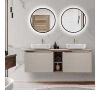 Lomadox Ensemble Complet de Meubles de Salle de Bain Taupe avec chêne Vintage, 140 cm, Double Meuble sous Vasque avec 2 lavabos en céramique, 2 miroirs LED de 60 cm