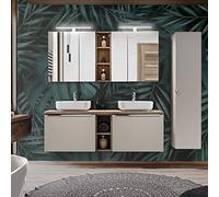 Lomadox Ensemble complet de meubles de salle de bain taupe avec chêne vintage, double vasque de 140 cm avec meuble bas, 2 lavabos en céramique, étagères, 2 armoires miroir LED, armoire haute