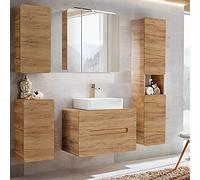 Lomadox Ensemble de meubles de salle de bain avec lavabo de 80 cm et armoire miroir LED, chêne Wotan Nb, armoire haute, armoires suspendues, (l x H x P) : env. 180/200/46 cm