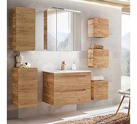 Lomadox Ensemble de meubles de salle de bain - En chêne - 81 cm - Lavabo en céramique avec meuble bas - Armoire miroir LED - Armoire suspendue - Meuble bas - 3 petites armoires suspendues
