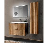 Lomadox Ensemble de salle de bain 3 pièces avec lavabo meuble bas 80 cm évier céramique miroir LED armoire haute anthracite chêne wotan nb. noir façades en MDF rainurées