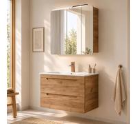 Lomadox LUTON-56-CRAFT Ensemble lavabo et Armoire Miroir en chêne Wotan NB., L/H/P env. 81/200/46 cm
