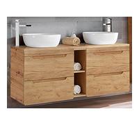 Lomadox Meuble de Rangement Salle de Bain Double Lavabo en Chêne Wotan Nb avec 2 Bacs en Céramique, 4 Tiroirs à Fermeture Amortie et Étagère env. 141 x 76,5 x 46 cm