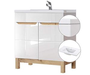 Lomadox Meuble de salle de bain avec lavabo en céramique 81 cm Blanc brillant & Wotaneiche porte Softclose portes B/H/T 81/85/46 cm