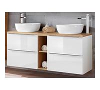 Lomadox Meuble de salle de bain double vasque avec meuble sous vasque Blanc brillant avec chêne Wotan, 2 lavabos en céramique, 4 tiroirs à fermeture amortie et étagère env. 141 x 74,5 x 46 cm
