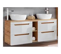 Lomadox Meuble sous lavabo double 140 cm avec lavabo en céramique LUTON-56 blanc brillant avec chêne Wotan Nb. B/H/P env. 141/76,5/46 cm