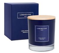 Lombardi Home - Bougie parfumée au thé blanc dans un verre bleu marine avec couvercle en bois gravé, bougie parfumée végétalienne et écologique avec cire de soja, cadeau grande bougie décorative