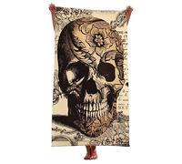 LOMDEM Noir Gris Microfibre Serviette de Plage Skull Thème XL XXL Vitesse Sèche Serviette de Bain Géométrique Fleur Mort Skull Goth Style Cool Sport Hommes Femmes Beach Towel (Couleur 5,150x200 cm)