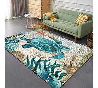 LOMDEM Tapis de Salon Bleu Beige Thème Monde Marin Tortue Plage Starfish Poissons Tropicaux Motif Tapis de Chambre d'enfant Tapis de Jeu Tapis de Cuisine Tapis de Gymnastique (Couleur 1,80x120 cm)