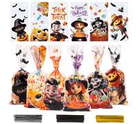 LOMIMOS 120 PCS Sachets à Bonbons d'Halloween,13 * 28cm Sac de Cadeaux Transparent en Cellophane avec 150 Bandes Torsadées Sacs Plastique Transparents pour Fête de Halloween