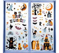 LOMIMOS 146 PCS Halloween Fenêtre Autocollants,10 Feuilles Autocollant de Porte Fenêtre Decoration Stickers Fenetre Réutilisables Chauve-Souris Sorcière Château Citrouille Squelette