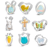 LOMIMOS Lot de 9 emporte-pièces de Pâques en acier inoxydable - Œuf de Pâques, lapin, carottes, papillons, moutons, croix, poussins, fleurs