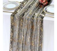 LOMOHOO Chemin de table 70x300cm Chemins de table dorés pailletés pour table à manger, Chemin de table noir pour mariage, Chemins de table dorés et noirs pour Noël, fête de baptême, anniversaire