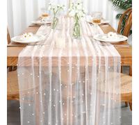 LOMOHOO Chemin de table blanc 75 x 300 cm - Élégante décoration de table de mariage avec perles et tulle - Nappe en dentelle blanche transparente - Pour fête prénuptiale, fête d'anniversaire, table à