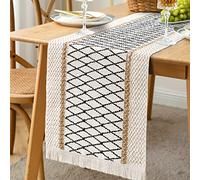 LOMOHOO Chemin de table extra long en coton tissé à la main pour table de salle à manger, style rustique et rustique, en macramé de style bohème avec pompons, beige